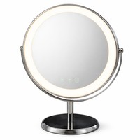 Miroir de maquillage rond argenté avec anneau lumineux intégré et bras en U inclinable, miroir de vanité LED de table avec base en forme de disque effet pierre