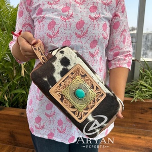 Neceser de viaje de cuero mecanizado a mano, bolsa de cosméticos de piedra turquesa de gran capacidad, bolsa de maquillaje de almacenamiento portátil de piel de vaca, novedad de 2025 - Product Image 1