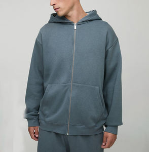 Sweat à capuche zippé surdimensionné pour homme, bleu ardoise, polaire doux et chaud, streetwear, poches kangourou, décontracté, à porter au quotidien - Product Image 1