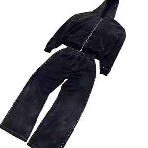 Ensemble deux pièces vintage personnalisé pour homme, sweat-shirt à capuche et pantalon de jogging imprimé avec des strass, lavage à l'acide, pantalon de survêtement évasé - Product Image 2