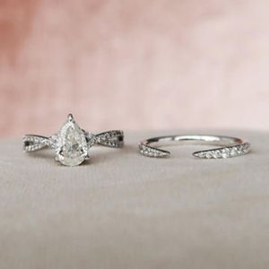 RITZIN Women's Cute Pear Cut Lab-Grown Diamond Twisted Bridal Set <b>Open</b> Stack Engagement <b>Ring</b> Solid Gold Wedding <b>Ring</b> - Product Image 2