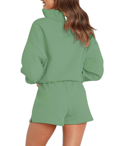 Conjunto de dos piezas de verano para mujer: Sudadera corta con cremallera de punto casual personalizada y pantalones jogger sólidos por encima de la rodilla - Product Image 4