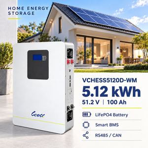 Batterie de stockage d'énergie résidentielle LiFePO4 murale compacte à haute efficacité 5,12 kWh 51,2 V 100 Ah pour système d'énergie solaire domestique - Product Image 1