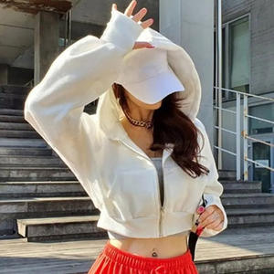 Jersey de algodón 100% liso de alta calidad con logotipo personalizado, sudadera de gran tamaño con cremallera para mujer, sudadera recortada con bolsillos y capucha - Product Image 1