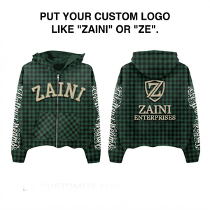 320 GSM Cotton Polyester Woven Zipper Hoodie Green Black Plaid <b>Bandana</b> Sleeve Custom Logo OEM <b>Men's</b> Winter Regular Fit - Product Image 1