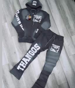 Stylish Vintage Acid Wash Embroidered Flared Sweatsuit Set 100% Cotton Eco-friendly Printed Winter Hoodie Sweatpants - Product Image 5