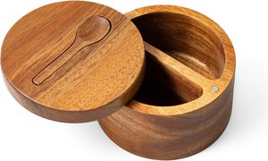 Caja de sal de Acacia dividida con giratorio magnético-Bodega de especias de madera de 2 compartimentos-Elegante guardián de almacenamiento de madera para condimentos - Product Image 2