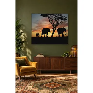Silhouette de la famille d'éléphants Fida sous l'acacia, impression sur toile - Product Image 3