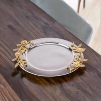 Vente en gros plateau exclusif en acier inoxydable poignée feuille d'or assiette de service en chocolat argenté nickelé plaque de chargement en aluminium