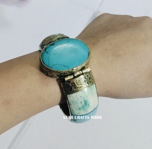 กำไลข้อมือหินธรรมชาติสำหรับผู้หญิงกำไลข้อมือทองเหลือง & กระดูก100% ทำด้วยมือ - Product Image 6