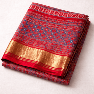 Sari en coton et soie tissé à la main Raktika Rekha Ajrakh, soie de Banarasi, imprimé à la main, doux et élégant pour les festivals et les fêtes - Product Image 4
