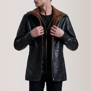 Chaqueta de Cuero para Hombre, Negra y Marrón, con Contraste, Cierre Interior con Cremallera, Cuello Alto, Prenda Exterior de Cuero Genuino, Estilo Largo y Moderno - Product Image 4