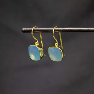 925 <b>Solid</b> Sterling <b>Silver</b> Chalcedony Square Drop <b>Earrings</b> Gold Plated for Wedding or Party Anniversary Gift for Women - Product Image 1