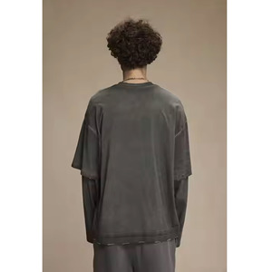 Sudadera de manga de doble capa Unisex de algodón grueso 100%, camisa superior de lavado ácido de gran tamaño con hombros caídos para hombres para invierno - Product Image 4