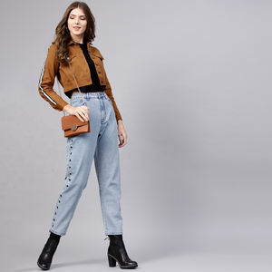 Chaqueta vaquera de alta calidad hecha a medida para mujer, Top corto de estilo gótico, botón de cinturón, clásico, informal, elástico, estampado lavado - Product Image 2