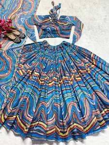 Bordado de Georgette indio y pakistaní tradicional de alta calidad Impresión digital Lehenga Choli Dupatta para fiestas de invierno y verano - Product Image 6