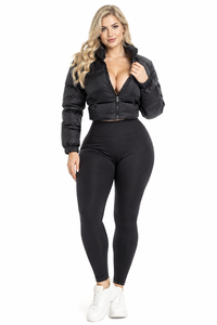Black Hooded Solid Knitted Cropped Puffer Jacket <b>Women</b> Zip-Up Bomber <b>Coat</b> <b>for</b> Casual <b>Spring</b> Winter Wear - Product Image 2
