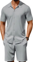 Ensemble décontracté 2 pièces pour homme : Chemise tricotée à manches courtes boutonnée et short à séchage rapide, motif léopard, en Spandex/Coton/Fibre de bambou