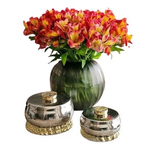 Juego de 2 cuencos de diseño de forma redonda pulida brillante con tapa, cuenco de decoración de Metal de aluminio y acero inoxidable para el hogar y el Hotel - Product Image 1