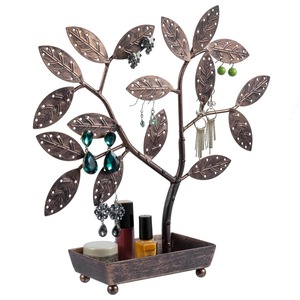Support de rangement pour bijoux en métal en forme d'arbre avec motif de feuilles, porte-boucles d'oreilles et plateau, présentoir de bureau pour la décoration de la maison, 12x12,5x3,5 pouces - Product Image 3