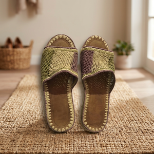 Sandales artisanales à rayures en raphia, couleurs mélangées, bout ouvert, semelle en cuir véritable, respirantes, pour intérieur, toutes saisons - Product Image 3