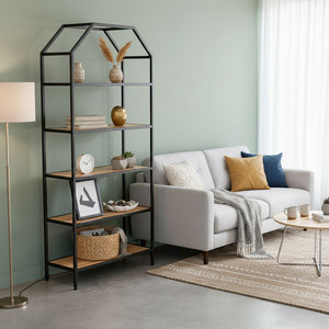 Étagère décorative Home-SheLF 80x34x180cm, structure en fer et bois de caoutchouc, type sur pied pour salon, installation facile - KTB68051 - Product Image 2
