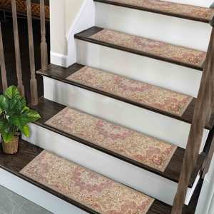 Tapis d'escalier imprimé, motif médaillon rose et beige, moderne, doux, facile à nettoyer, tapis d'escalier - Product Image 1