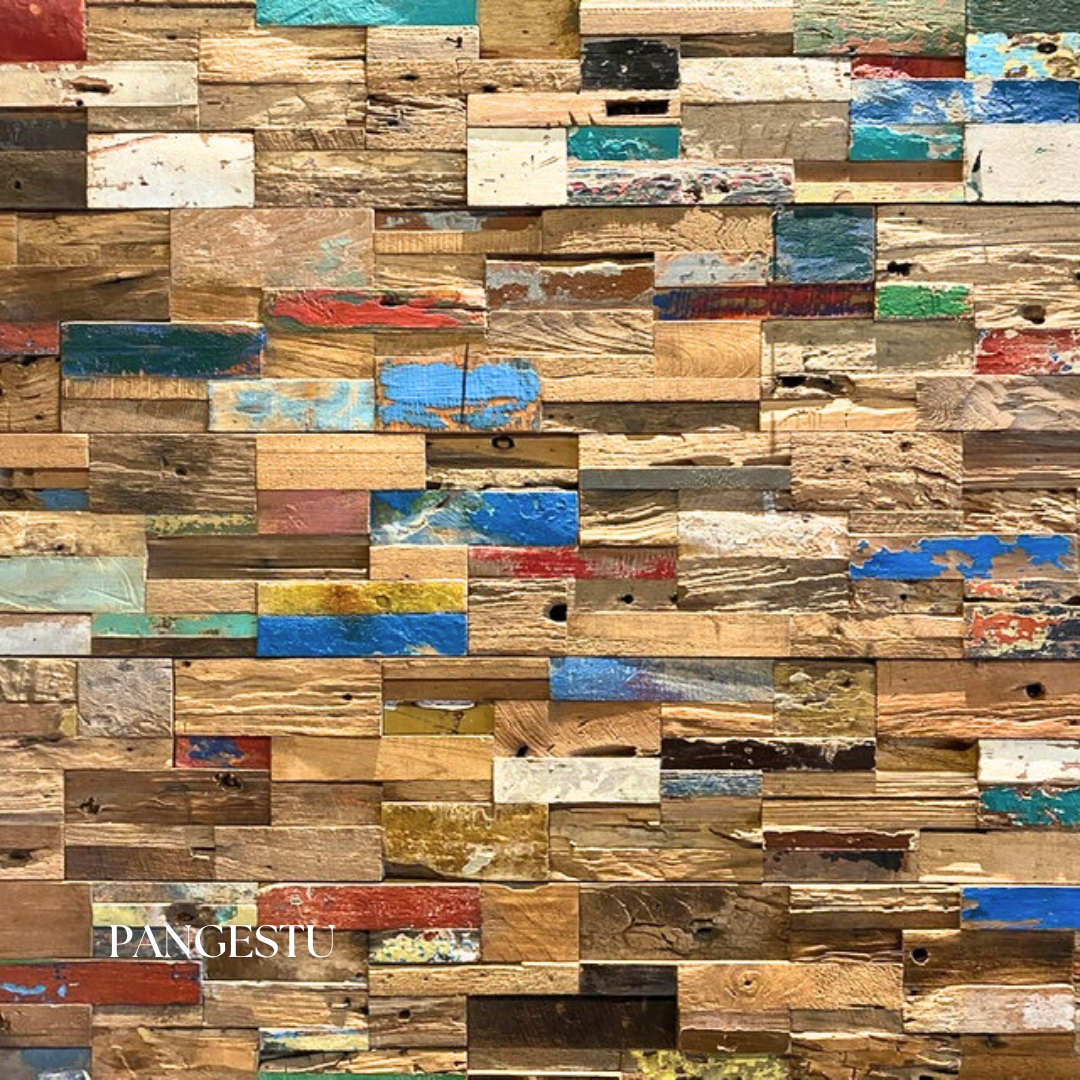 Natural wood with blue red yellow green tones