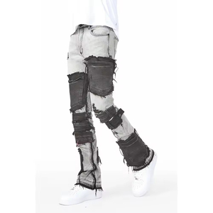 Jeans pour hommes en détresse blanc et noir, jeans respirants pour hommes de haute qualité personnalisés extensibles détruits déchirés de coupe régulière - Product Image 5