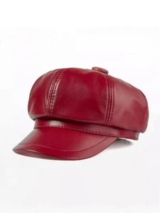 Women's Fashion Red Genuine Sheepskin <b>Beret</b> Octagonal Cap with Spring Autumn Windproof Features Comfortable Peaked Hat Accessory - Product Image 4