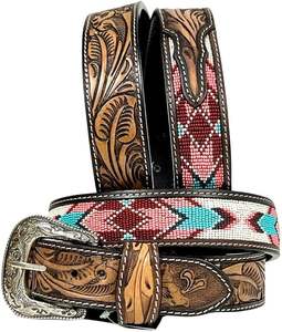 Handmade Men's <b>Western</b> Full Grain Leather <b>Belt</b> Designer Cow Hide Beaded Cowboy <b>Belt</b> with Removable Alloy for Buckle - Product Image 2