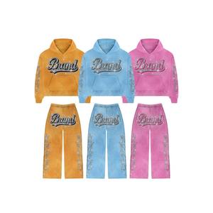 Último diseño Unisex estampado hombres pantalones de chándal acampanados y Sudadera con capucha conjunto de dos piezas Rhinestone chándal francés Terry chándal - Product Image 6