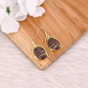 Malinga Boucles d'oreilles en jaspe faites à la main en laiton bohème plaqué or jaune forme ovale Dangler bijoux de mode - Product Image 3