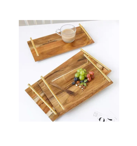 Styling <b>Wooden</b> Serving <b>Tray</b> With Metal Handles for Sale Tabletop Tableware Dinnerware Restaurants mango Wood Dark Color - Product Image 2