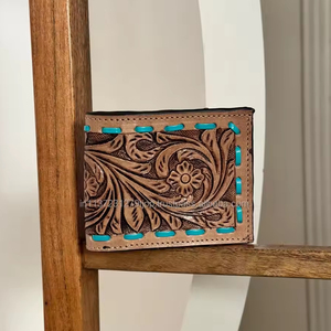 ใหม่ดอกไม้มือเครื่องมือกระเป๋าสตางค์หนังแฮนด์เมดบัตรเครดิตกระเป๋าสตางค์สองพับมือเย็บหนังแท้กระเป๋าสตางค์ผู้ชายตะวันตก - Product Image 2