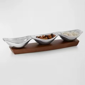 Triple Silver Aluminum Chocolate and Snack Bowl <b>Set</b> with <b>Wooden</b> Base Decorative Serving Tray for Dry Fruits Nuts and Home Decor - Product Image 1