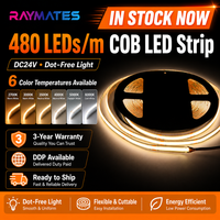 RAYMATES UL ETL Profesional 480leds/m 6000K Strip LED Cob Tanpa Titik RA90 DC24V Flex COB LED Light Strip untuk Proyek Komersial
