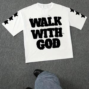 2025 Summer New Men's Black <b>Walking</b> with God Pattern T-<b>Shirt</b> Casual Short Sleeve White Letter Printing Starry Sky Design - Product Image 4