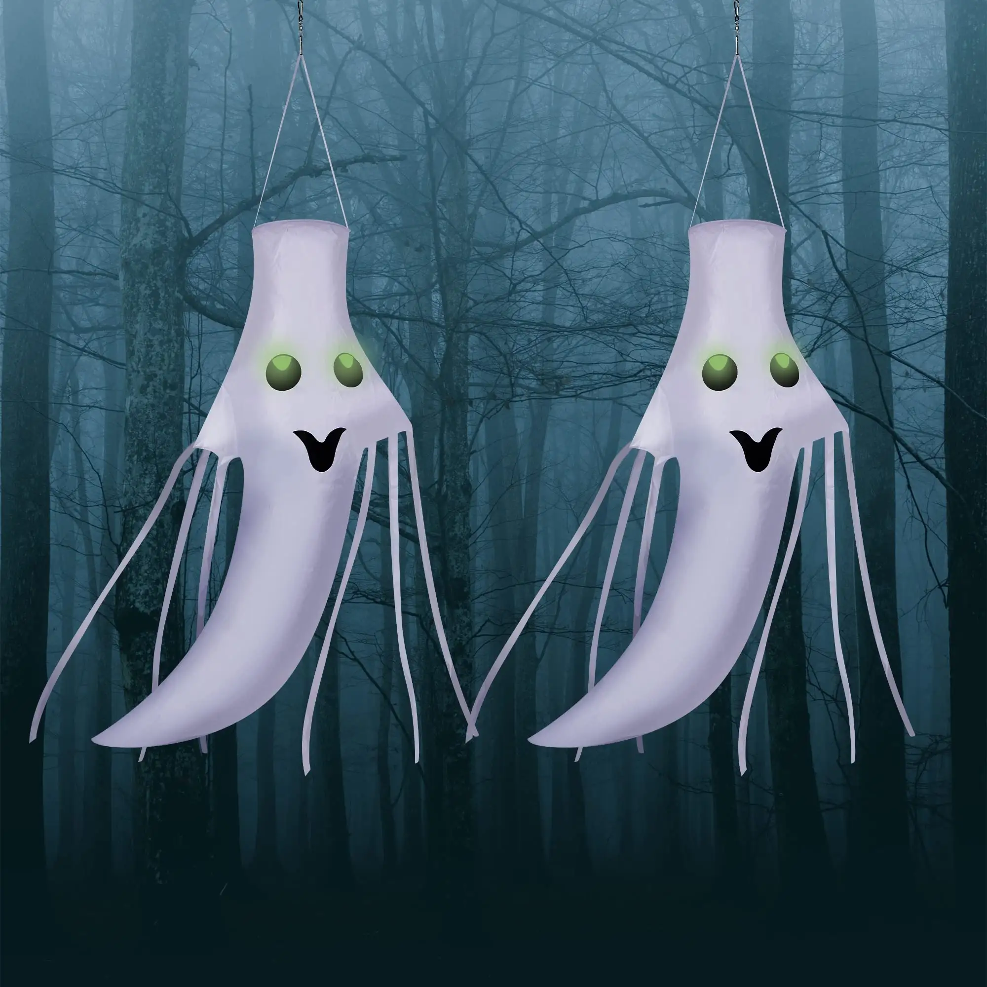 2 Stuks Halloween Windzakken Opknoping Ghost Met Halloween Decor Ghost Windsock String Lights Buitentuin Decoratie Feestartikelen