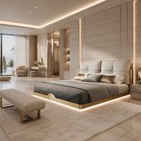 Solution de mobilier de chambre à coucher en bois flottant LED de luxe sur mesure : Lit moelleux, Armoire, Matelas, Table de chevet, Coiffeuse, Panneau mural, Hôtel