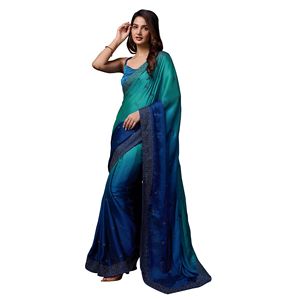 Sari indien non cousu pour femmes Trendmalls, en soie Rangoli, broderie lourde, double teinte, coupe régulière, toutes saisons, fête, mariage - Product Image 1