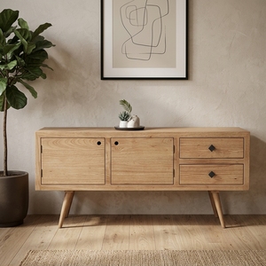 Buffet de salon en bois massif, style Mid-Century Modern, avec tiroirs, finition artisanale balinaise - Product Image 4
