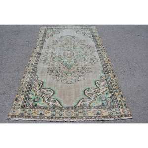 Vintage Turkish Rug Classic Beige Green 4.7 X 8.3ft Patchwork Design Wool Material Latex Backing for Living Teens Bedside Rug - Product Image 1