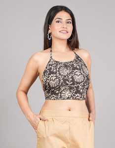 Blusa floral de algodón negro, sin mangas, estilo sin espalda, cuello redondo, diseño de talla única, estilo sencillo para uso diario. - Product Image 4