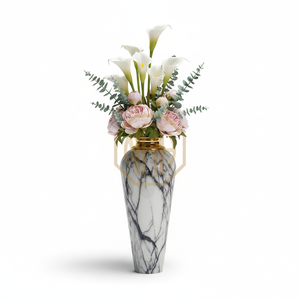 Vase à fleurs en fer pour le sol, style côtier classique, vase décoratif en émail blanc marbré pour la maison et les restaurants - Product Image 1