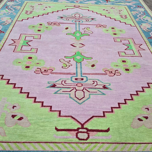 Antique Handknitted Cotton Oushak Rug 8x10 Low Pile <b>Foam</b> Backed PET Friendly Pink Green High Quality Traditional Living Bathroom - Product Image 1