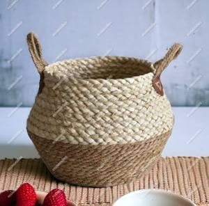 Customization Seagrass Foldable <b>Belly</b> <b>Basket</b> Woven Seagrass Plant <b>Basket</b> With Handle for Plants Flower Pots Home Beautification - Product Image 6