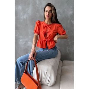 Blusa de Popelina Naranja con Lazo Delantero para Mujer TOPSHOW - Camisa Casual de Manga Larga de Mezcla de Algodón y Poliéster para Uso Diario - Product Image 2