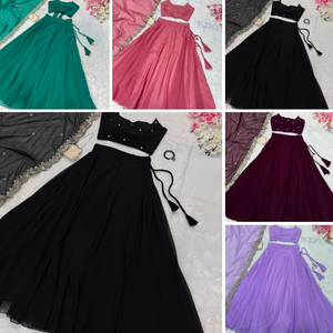 Elegante Conjunto de Trabajo de perlas de color negro adornado Georgette Lehenga Choli y Dupatta para ropa de fiesta de mujer - Product Image 6