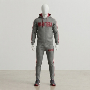 Ensemble de survêtement pour homme gris chiné avec bandes latérales rouges, sweat-shirt zippé et pantalon de jogging, vêtements de sport, entraînement, gym, fitness, activewear - Product Image 1